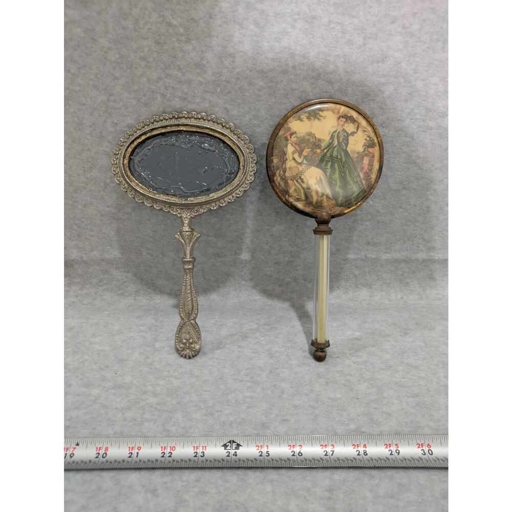 Antique French Sevres Hand Painted Hand Mirror & Silver Plated Vanity Mirror VTG